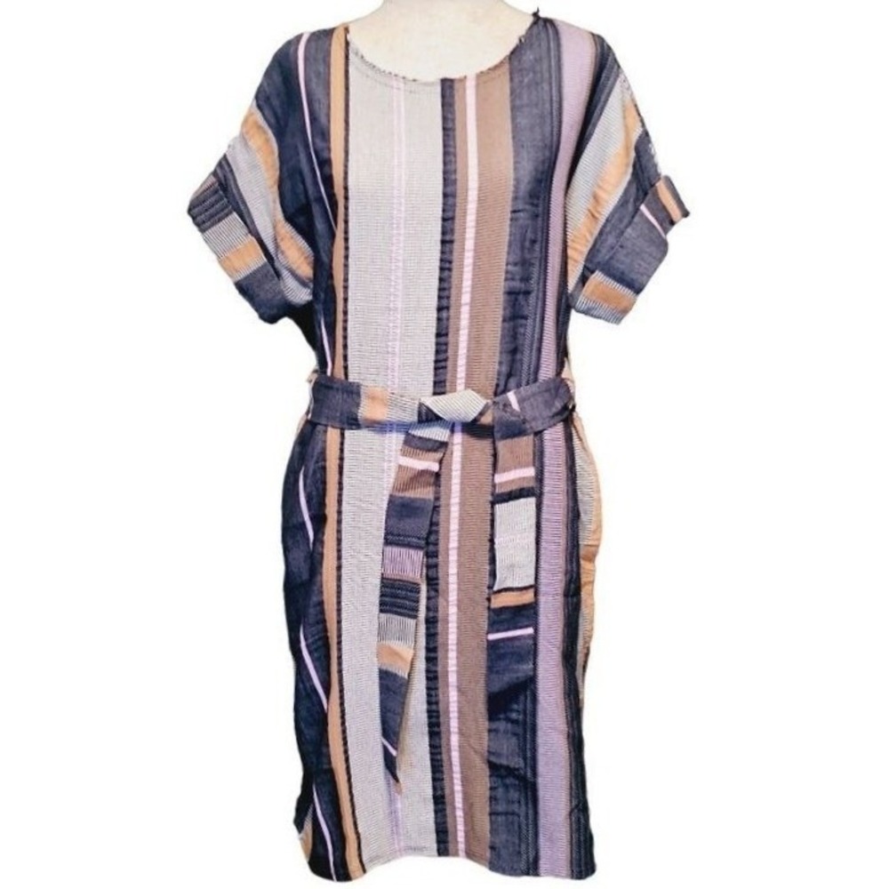 Anthropologie earthy boho dress size Small blue striped‎ Belted 34N 118W